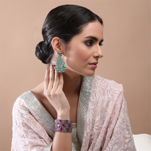 SILVER BRACELET STUDDED WITH DIAMOND, EMERALD & RUBIES