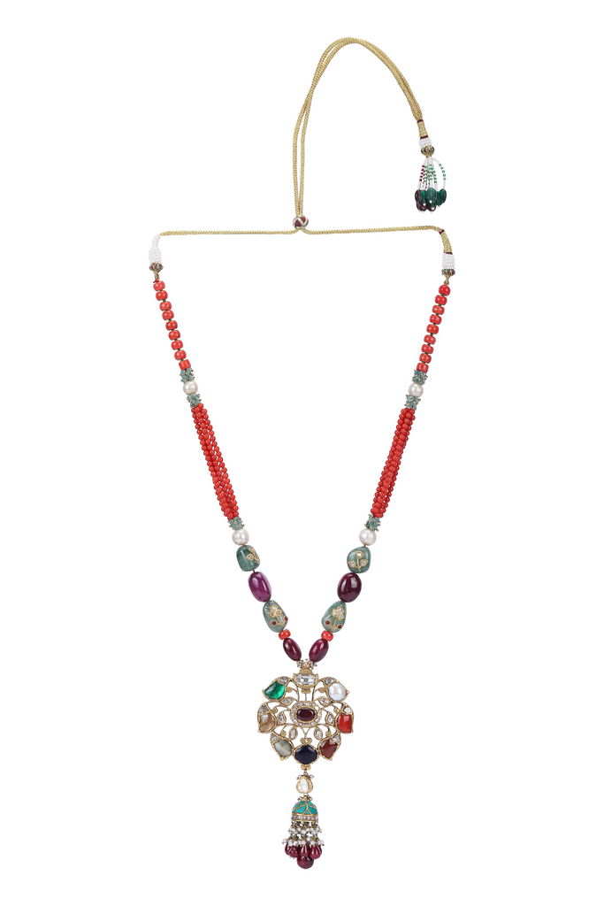 18K GOLD  POLKI NECKLACE STUDDED WITH PEARL AND NATURAL GEM STONES