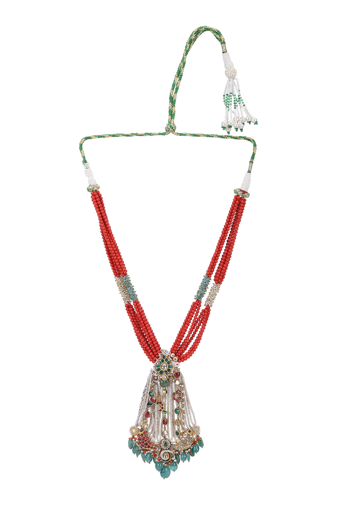 18K GOLD POLKI NECKLACE WITH CORAL STRINGS STUDDED WITH NATURAL GEM STONES