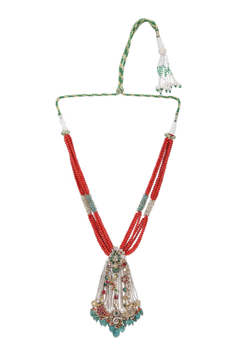 18K GOLD POLKI NECKLACE WITH CORAL STRINGS STUDDED WITH NATURAL GEM STONES