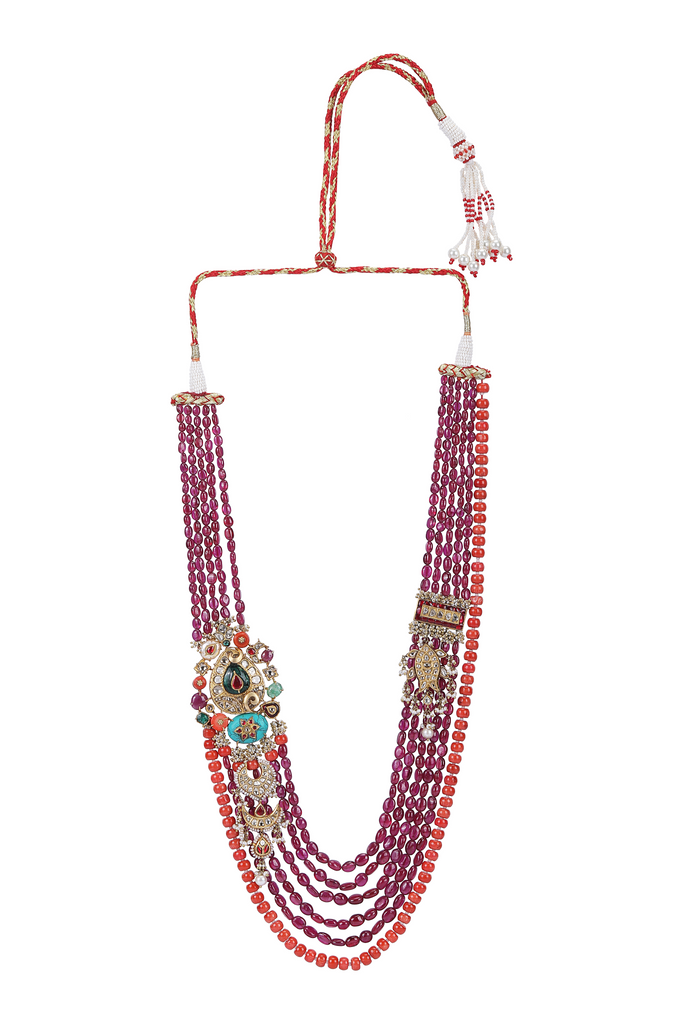 18K GOLD  POLKI NECKLACE STUDDED WITH NATURAL GEM STONES/ RUBY AND CORAL STRINGS
