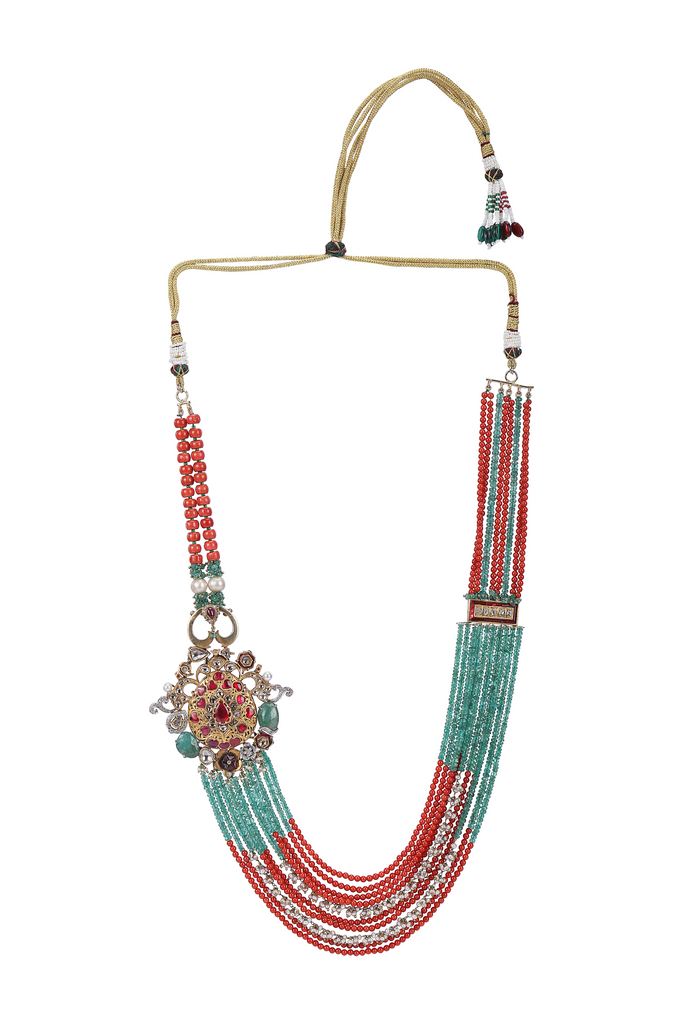 18K GOLD POLKI NECKLACE WITH CORAL STRINGS STUDDED WITH NATURAL GEM STONES