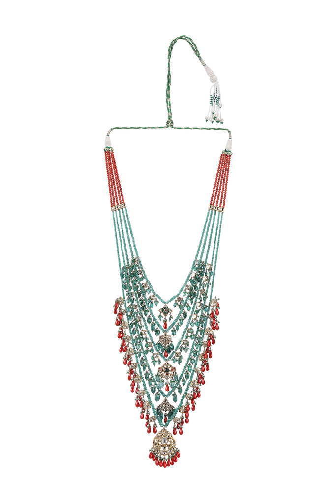 22K GOLD  POLKI NECKLACE WITH EMERALD AND CORAL STRINGS