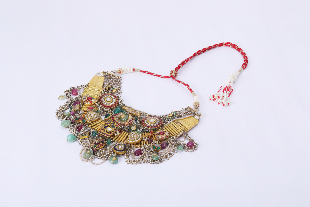 22K GOLD  POLKI NECKLACE STUDDED WITH RUBY, EMERALD AND PEARLS