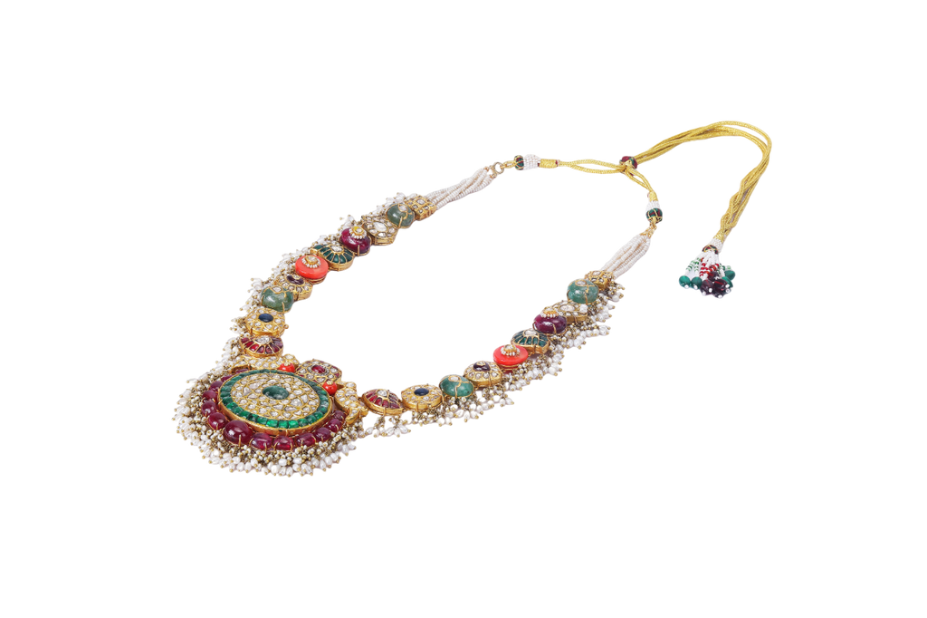 18K GOLD  POLKI NECKLACE STUDDED WITH EMERALD CORAL AND RUBIES