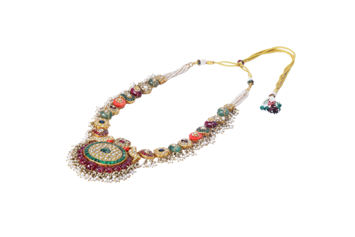 18K GOLD  POLKI NECKLACE STUDDED WITH EMERALD CORAL AND RUBIES