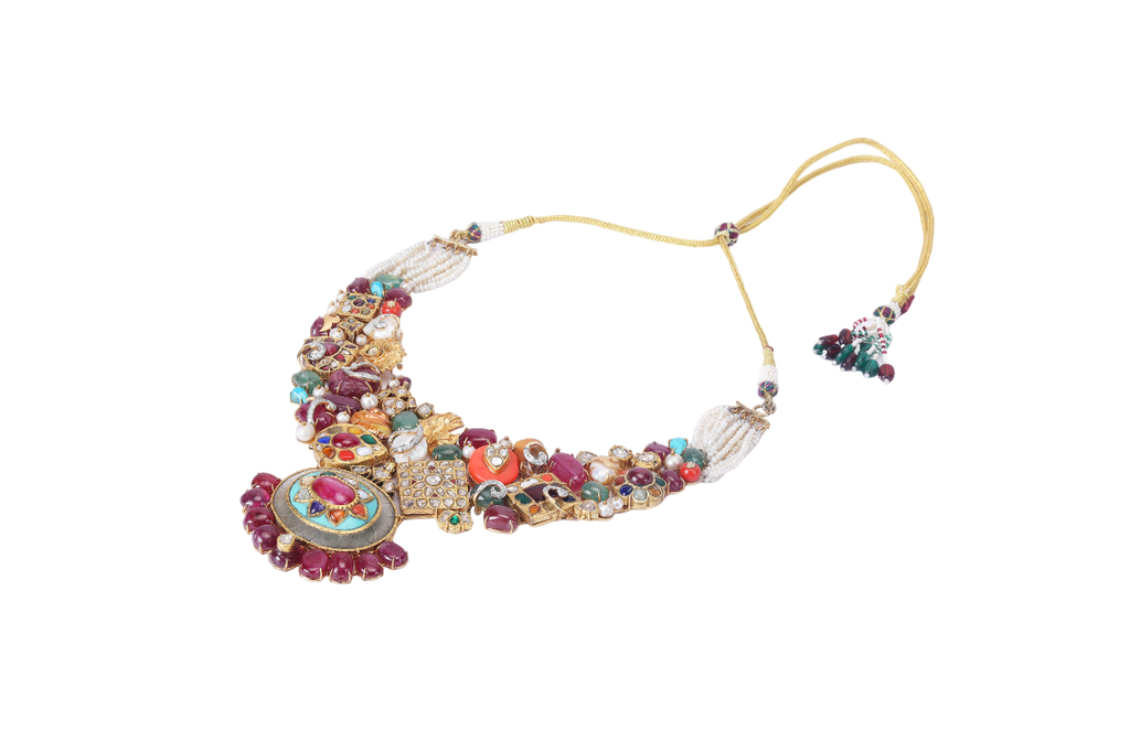 18K GOLD  POLKI NECKLACE STUDDED WITH TOURMALINE, CORAL, RUBY & DIAMONDS