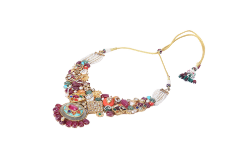 18K GOLD  POLKI NECKLACE STUDDED WITH TOURMALINE, CORAL, RUBY & DIAMONDS