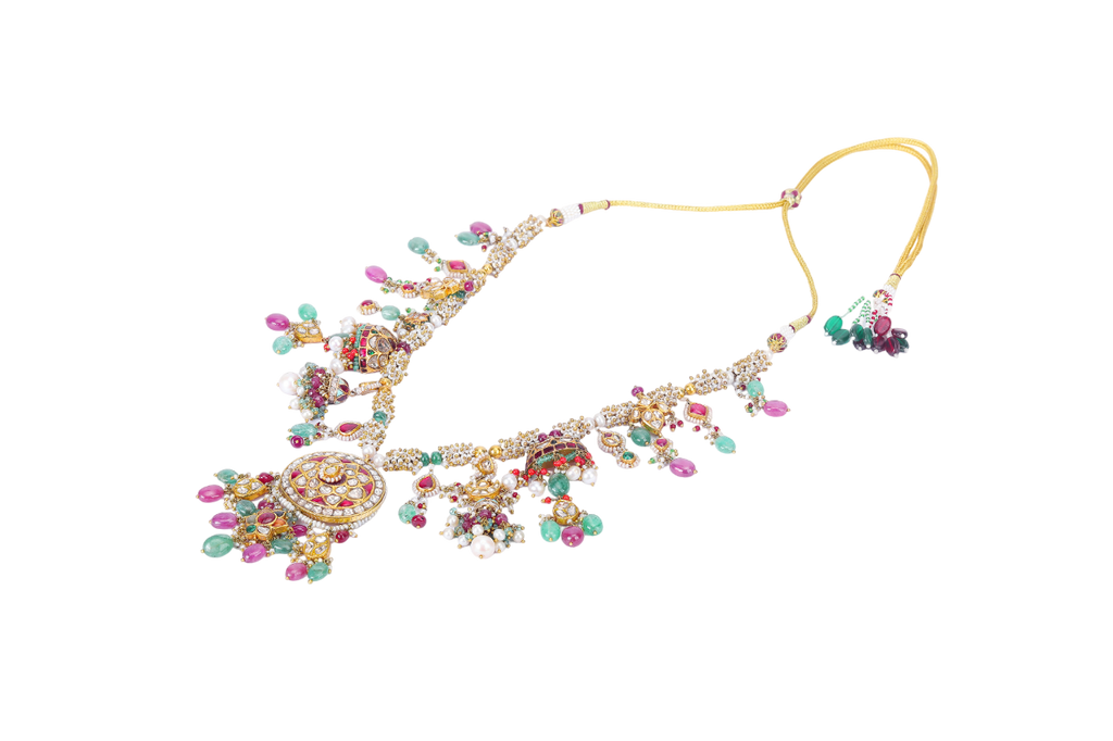 18K GOLD POLKI NECKLACE STUDDED WITH PEARL AND NATURAL GEM STONES