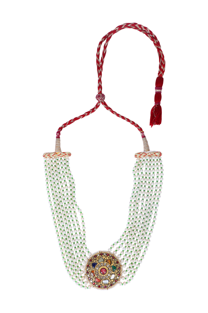 22K GOLD KUNDAN POLKI NAVRATNA PENDANT WITH PEARL STRINGS