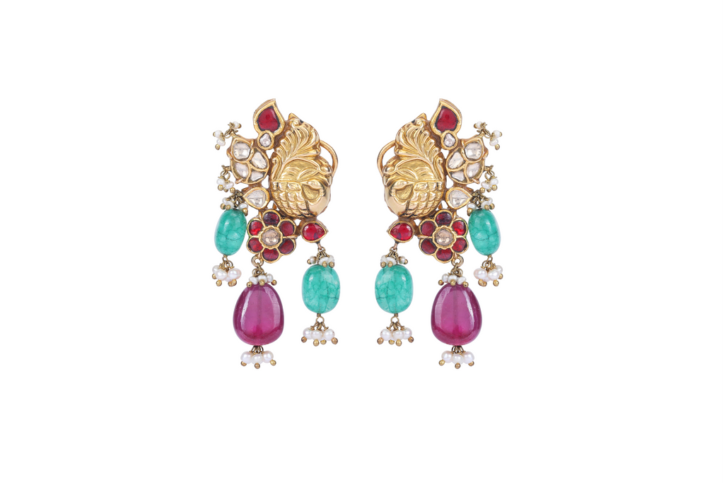 22K GOLD POLKI EARRINGS WITH RUBY AND EMERALD HANGINGS