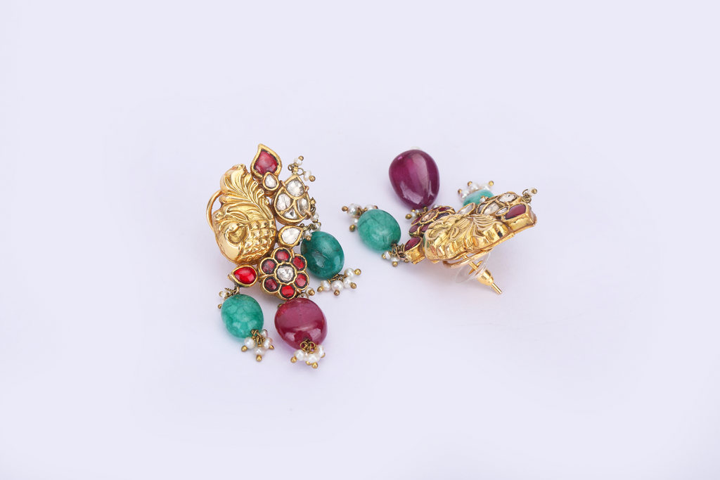 22K GOLD POLKI EARRINGS WITH RUBY AND EMERALD HANGINGS