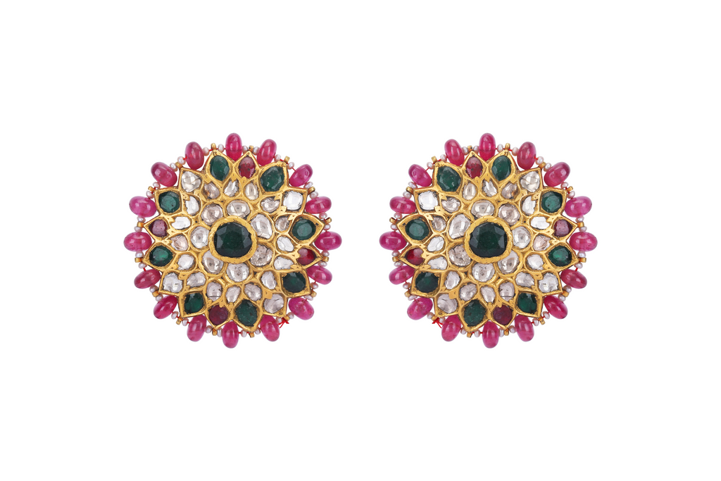 22K GOLD  POLKI EARRINGS STUDDED WITH EMERALD AND RUBBIES