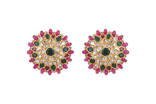 Load image into Gallery viewer, 22K GOLD  POLKI EARRINGS STUDDED WITH EMERALD AND RUBBIES