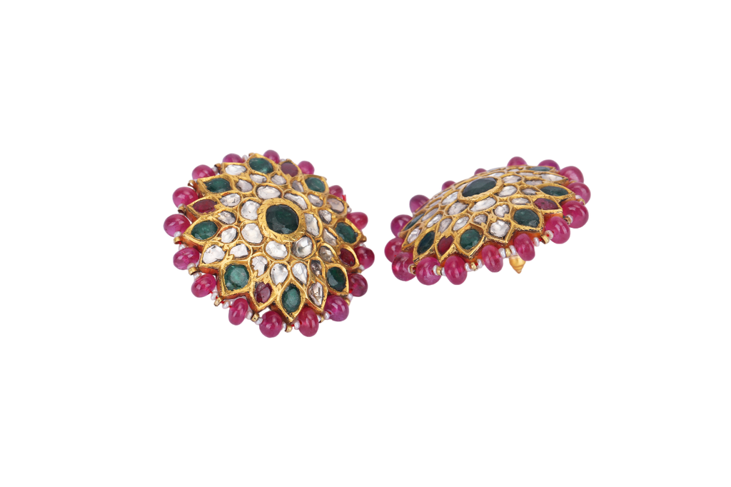 22K GOLD  POLKI EARRINGS STUDDED WITH EMERALD AND RUBBIES