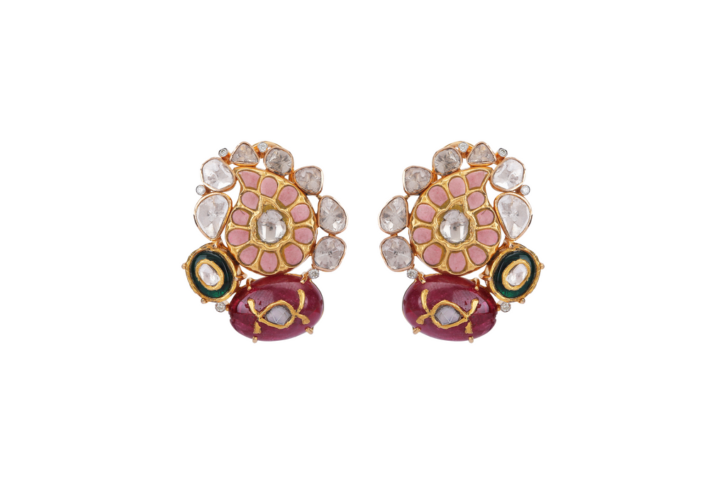 18K GOLD EARRINGS STUDDED WITH RUBY AND UNCUT DIAMONDS