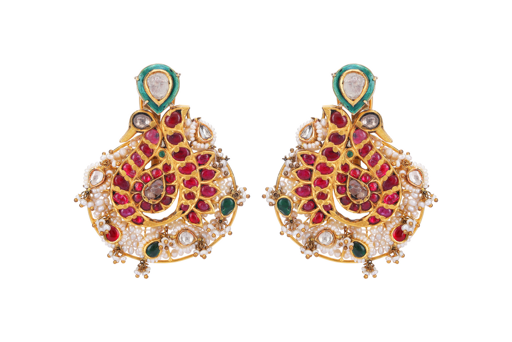 22K GOLD EARRINGS STUDDED WITH RUBY AND UNCUT DIAMONDS