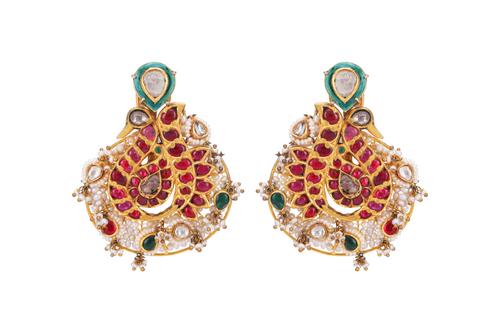 22K GOLD EARRINGS STUDDED WITH RUBY AND UNCUT DIAMONDS