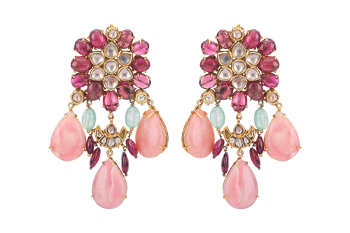 18K GOLD  EARRINGS STUDDED WITH TOURMALINE AND UNCUT DIAMONDS