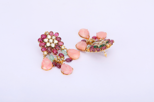 18K GOLD  EARRINGS STUDDED WITH TOURMALINE AND UNCUT DIAMONDS