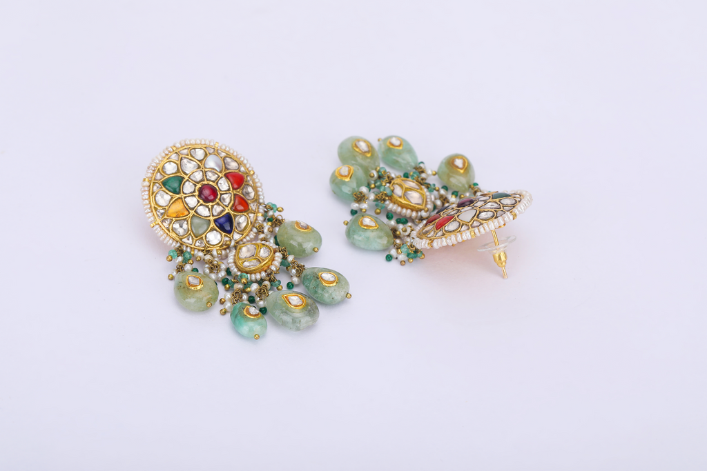 22K GOLD POLKI NAVRATNA EARRINGS WITH PEARL AND FLUORITE HANGINGS