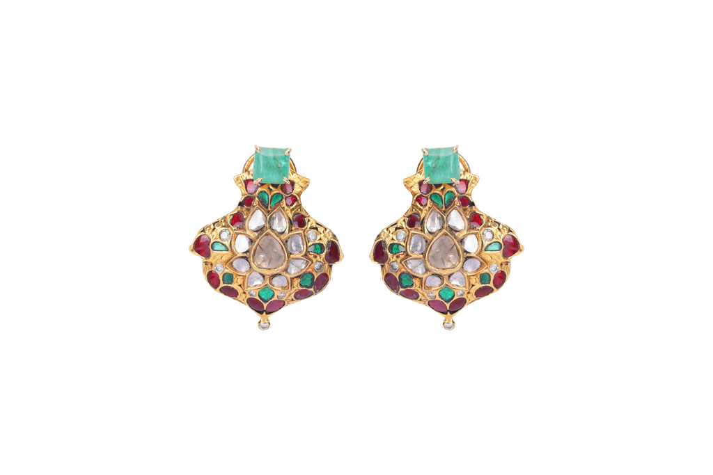 22K GOLD EARRINGS STUDDED WITH UNCUT DIAMOND, RUBY AND EMERALDS