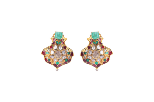 22K GOLD EARRINGS STUDDED WITH UNCUT DIAMOND, RUBY AND EMERALDS