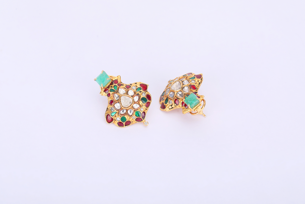 22K GOLD EARRINGS STUDDED WITH UNCUT DIAMOND, RUBY AND EMERALDS