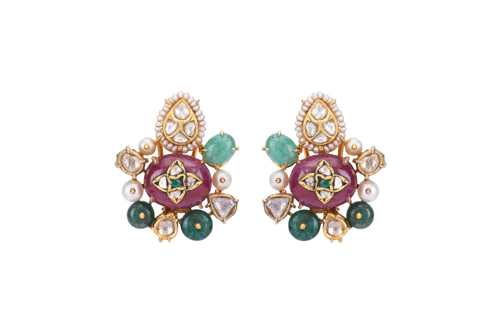 18K GOLD KUNDAN POLKI EARRINGS STUDED WITH RUBY & EMERALDS