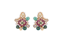 Load image into Gallery viewer, 18K GOLD KUNDAN POLKI EARRINGS STUDED WITH RUBY &amp; EMERALDS