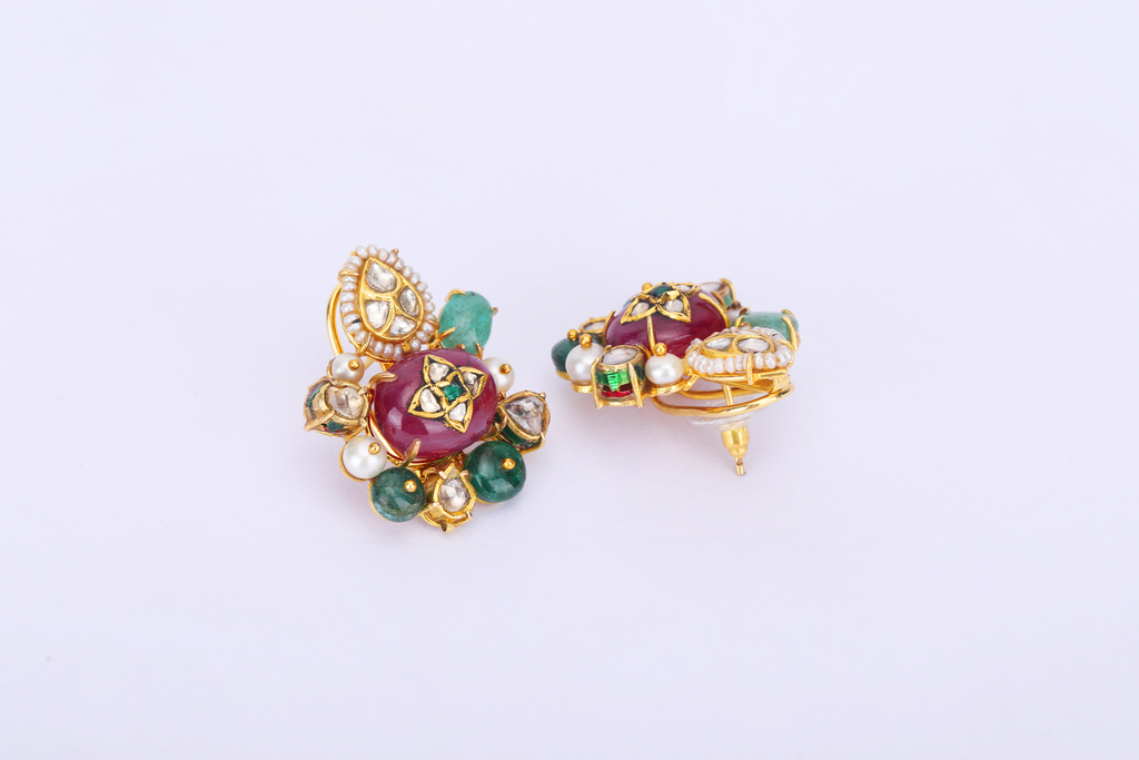 18K GOLD KUNDAN POLKI EARRINGS STUDED WITH RUBY & EMERALDS