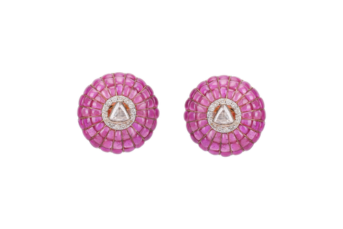 18K GOLD  FUSION EARRINGS STUDDED WITH UNCUT DIAMOND AND RUBIES