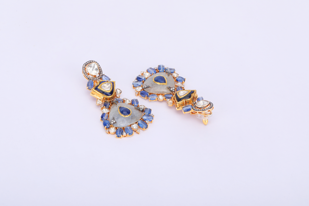 18K GOLD DIAMOND FUSION EARRINGS WITH BLUE SAPPHIRES