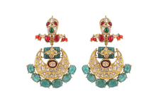 Load image into Gallery viewer, 22K GOLD EARRINGS STUDDED WITH UNCUT DIAMOND, CORAL AND EMERALDS