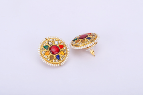 22K GOLD  POLKI NAVRATNA EARRINGS STUDDED WITH NATURAL GEM STONES