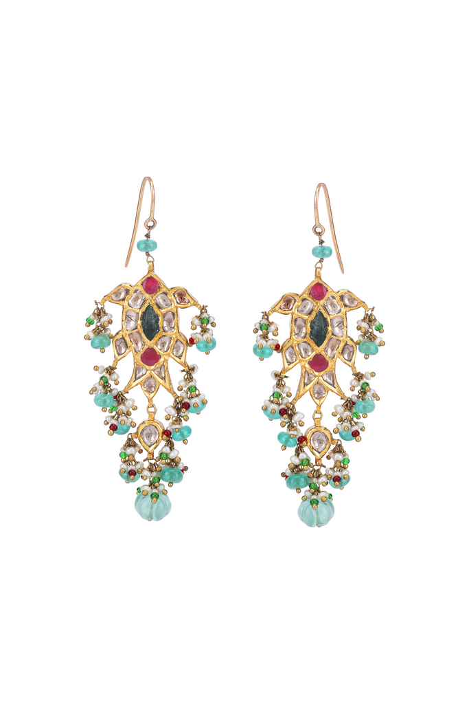 22K GOLD UNCUT DIAMOND  EARRINGS WITH RUBY AND EMERALD BEADS