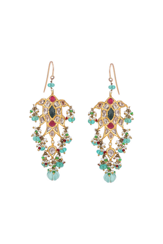 22K GOLD UNCUT DIAMOND  EARRINGS WITH RUBY AND EMERALD BEADS