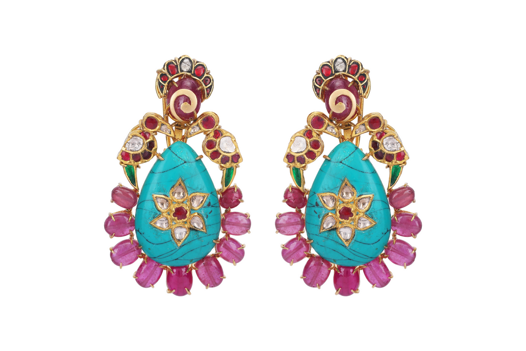 22K GOLD  POLKI EARRINGS STUDDED WITH TURQUOISE AND RUBBIES