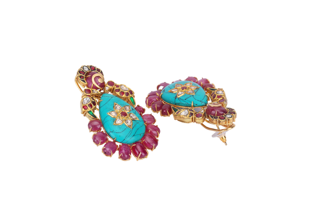22K GOLD  POLKI EARRINGS STUDDED WITH TURQUOISE AND RUBBIES