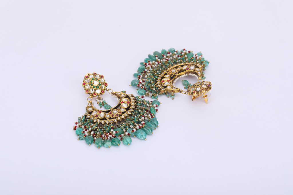 22K GOLD  POLKI EARRINGS WITH PEARL AND EMERALD HANGINGS