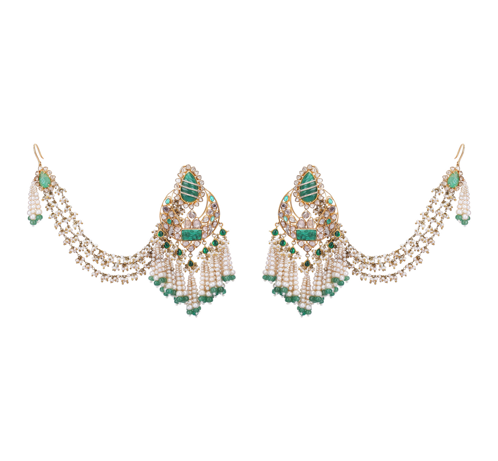 18K GOLD POKI FUSION EARRINGS STUDDED WITH EMERALDS / PEARL HANGINGS