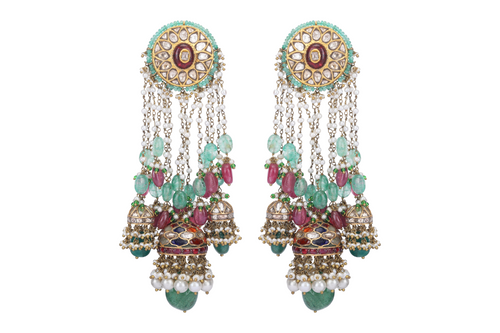 22K GOLD POLKI LONG EARRINGS,  DANGLES MADE IN PEARL, RUBY AND EMERALD BEADS