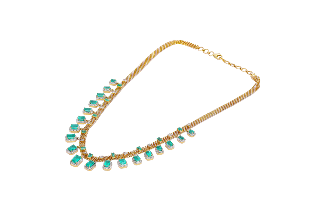 14K GOLD NECKLACE STUDDED WITH DIAMOND & NATURAL GEM STONES