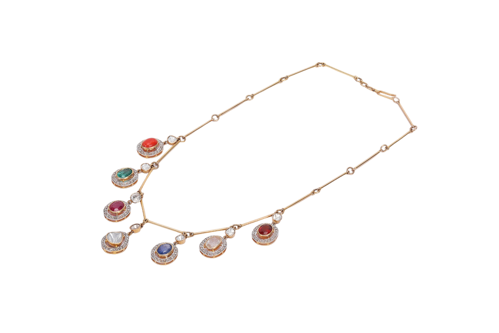 18K GOLD  POLKI FUSION  NECKLACE STUDDED WITH GEMSTONE AND DIAMONDS