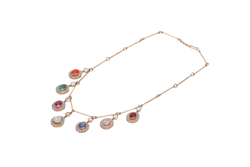 18K GOLD  POLKI FUSION  NECKLACE STUDDED WITH GEMSTONE AND DIAMONDS