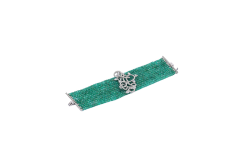 14K GOLD BRACELET STUDDED WITH DIAMONDS/  BAND IN EMERALD BEADS