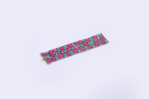 SILVER BRACELET STUDDED WITH DIAMOND, EMERALD & RUBIES
