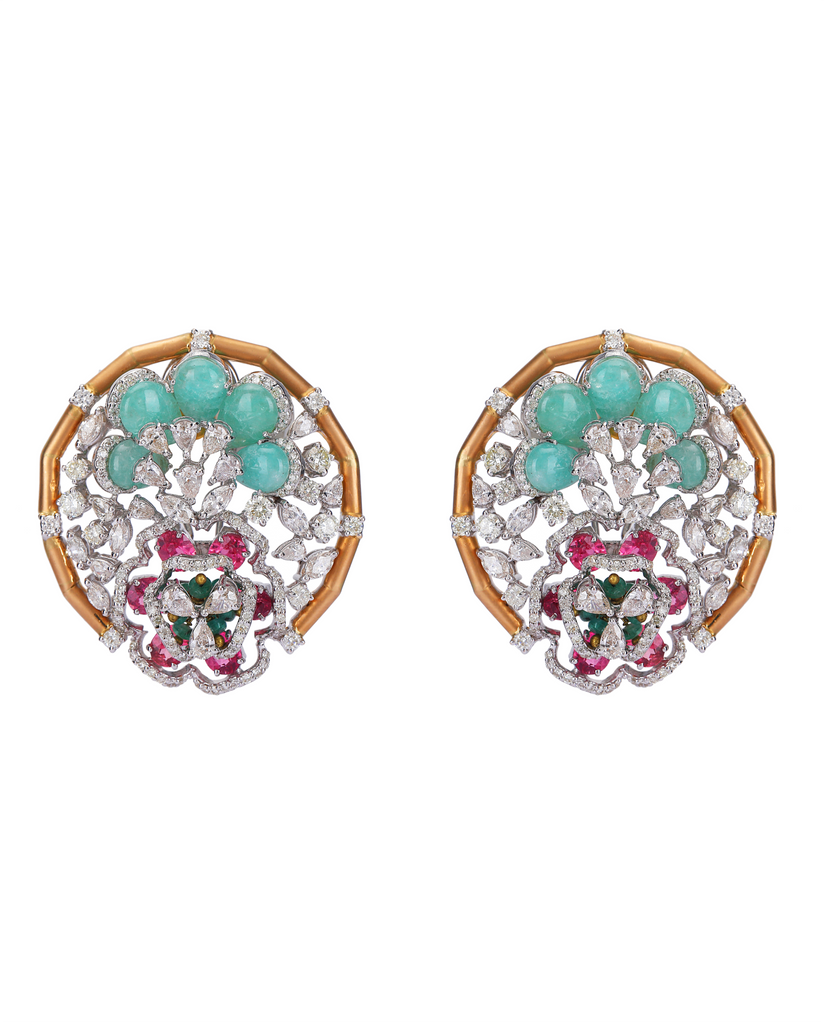 18K GOLD EARRINGS STUDDED WITH EMERALD RUBY & DIAMONDS