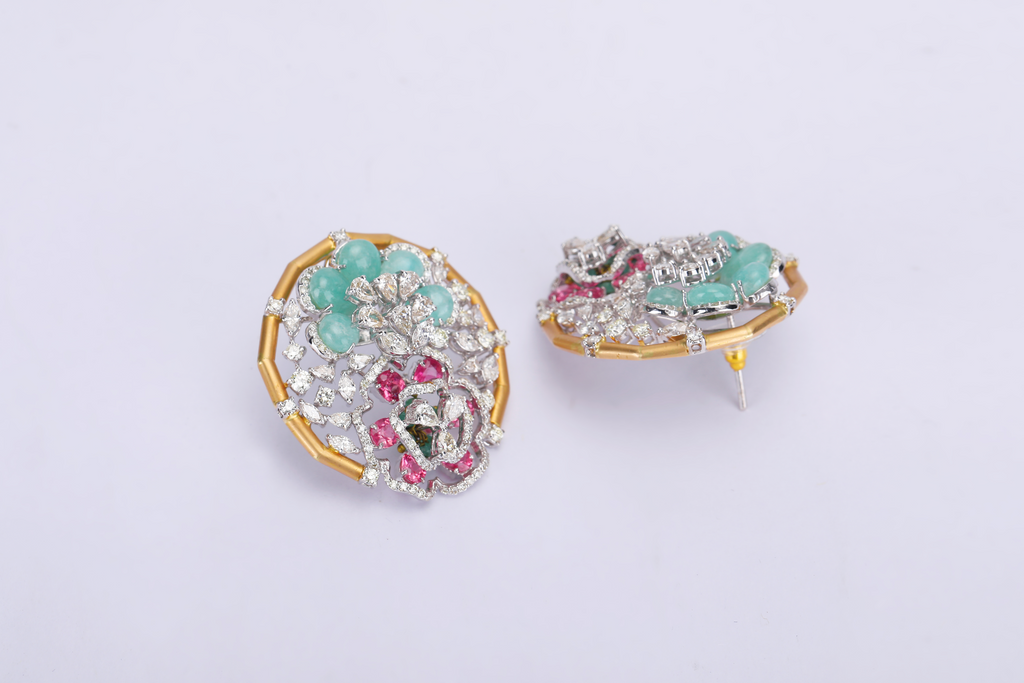 18K GOLD EARRINGS STUDDED WITH EMERALD RUBY & DIAMONDS