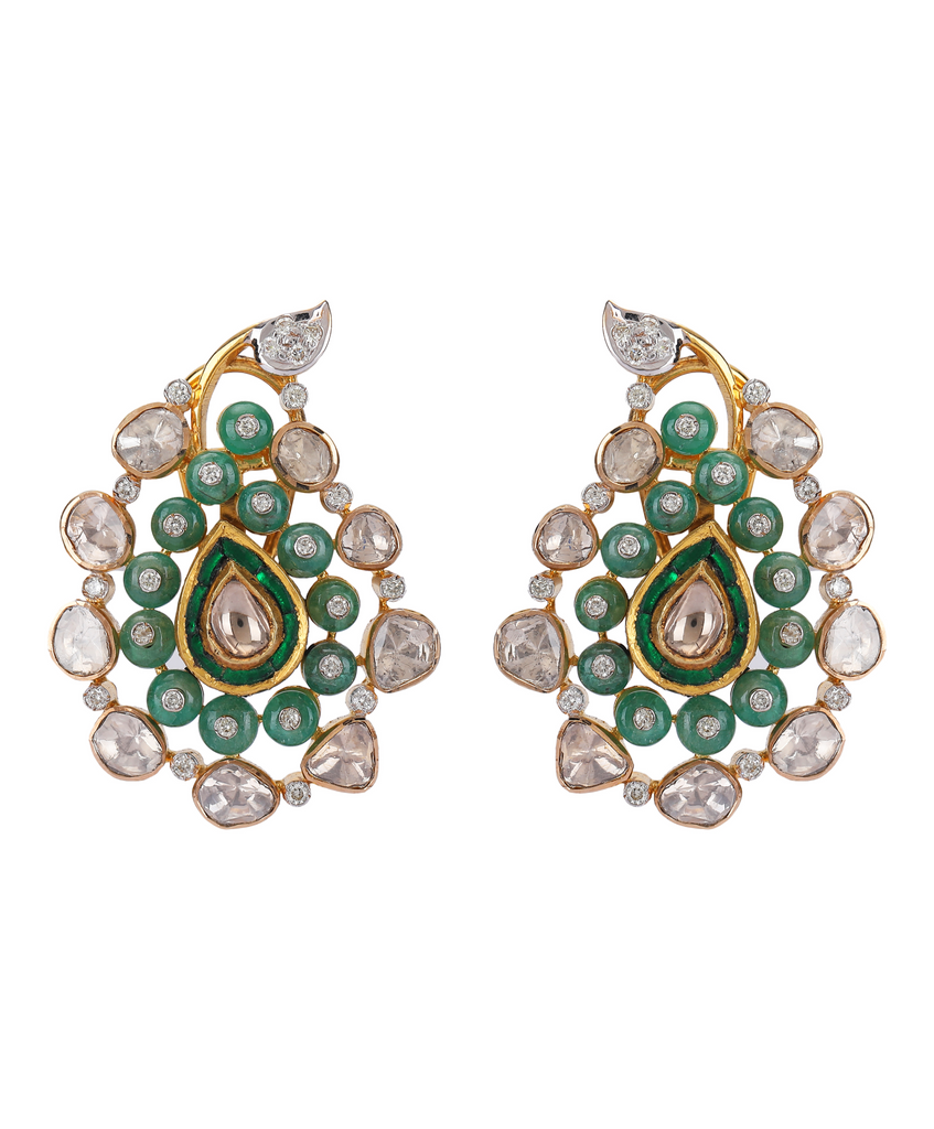 18K GOLD POLKI EARRINGS STUDDED WITH UNCUT DIAMOND AND EMERALDS